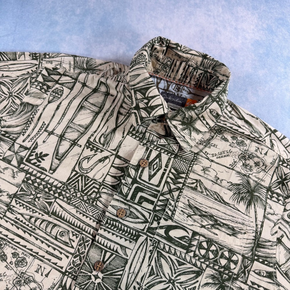 Quiksilver Button Up Shirt Mens Small Green Excellent Tribal Surf Aloha 1509738